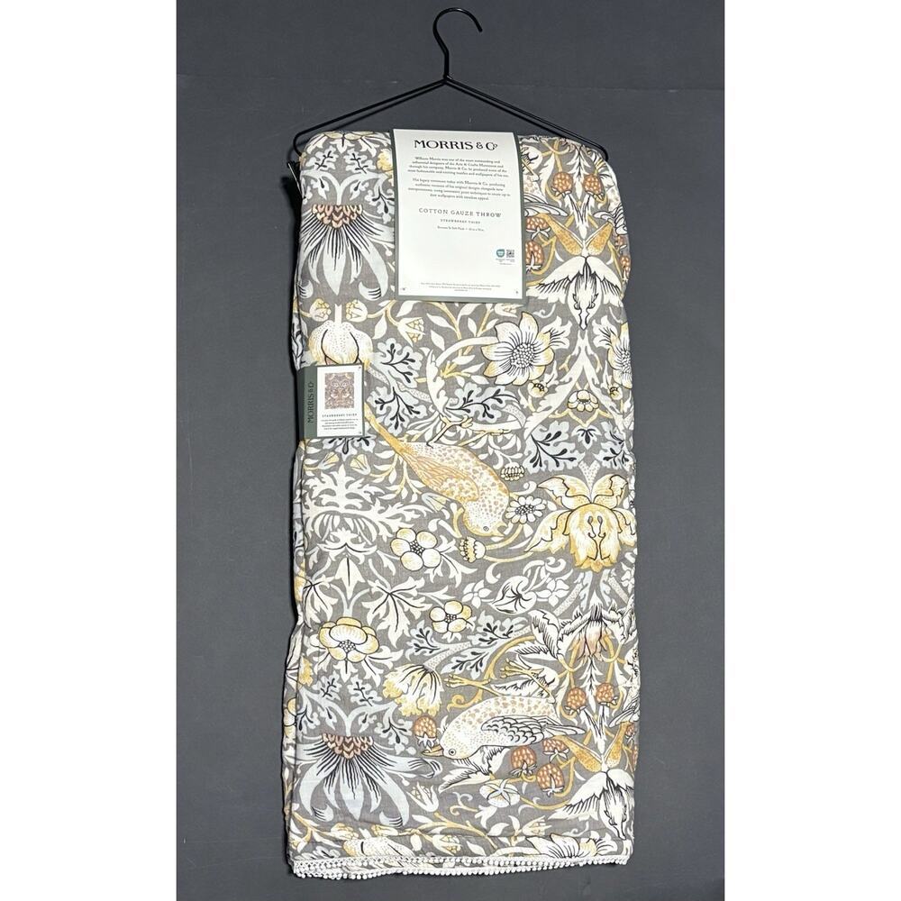William Morris & Co Strawberry Thief Throw Blanket Cotton Gauze Fleece Grey NWT - Picture 13 of 13